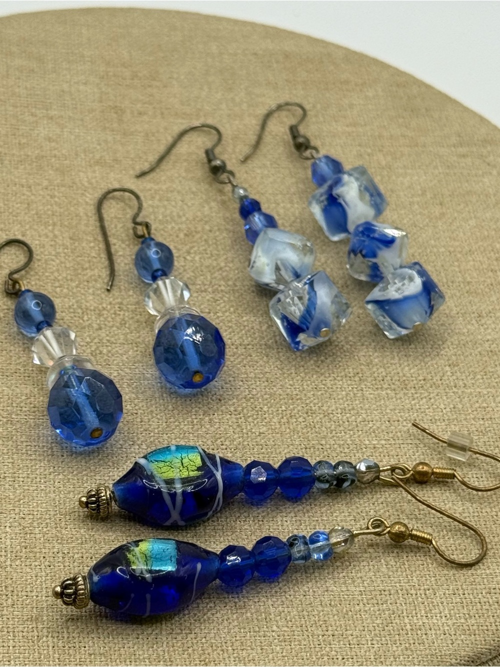 Set of 3 Blue Glass Bead Dangle Earrings